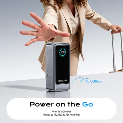 MAGIC JOHN Power Bank for Phones & Laptops, 15,000 Mah High-Capacity Portable Charger, USB-C Output, Built-In 2.3Ft Retractable Cable, Airline-Approved, Compatible with Iphone 17/16 Series, Macbook, Samsung & More