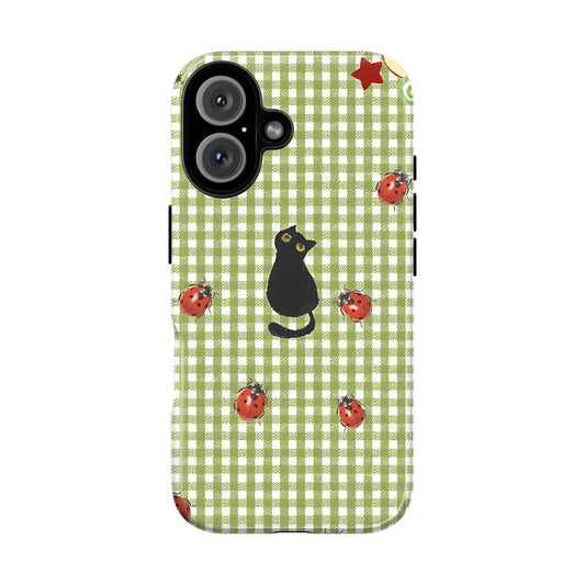 Whimsical Cat Phone Case – Cottagecore Kitty & Nature Pattern Cover with Ladybugs, Flowers & Garden Aesthetic for Iphone 17 16 15 14 13 12 11 Pro Max X XS & Samsung Galaxy S21–S25 plus Ultra | Cute Vintage Cat Lover Gift