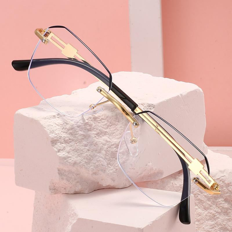 Black & Gold Semi-Rimless Crystal Clear Focus Reading Glasses for Men & Women - High-Definition Vision, Blue Light Filter, Ergonomic Design with Soft Silicone Nose Pads