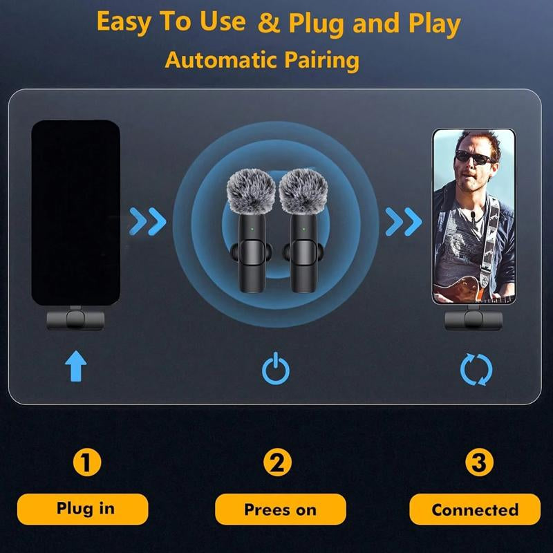 Wireless Mini Microphone for Iphone/Smartphone, 2 Mini Lapel Microphones with Clearer Audio for Video Recording, Interview, Vlog，Noise Reduction Device Noise Cancellation Stereo Wireless Vlogging Tools Handheld High Quality Audio
