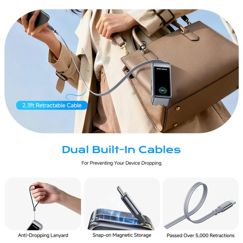 MAGIC JOHN Power Bank for Phones & Laptops, 15,000 Mah High-Capacity Portable Charger, USB-C Output, Built-In 2.3Ft Retractable Cable, Airline-Approved, Compatible with Iphone 17/16 Series, Macbook, Samsung & More