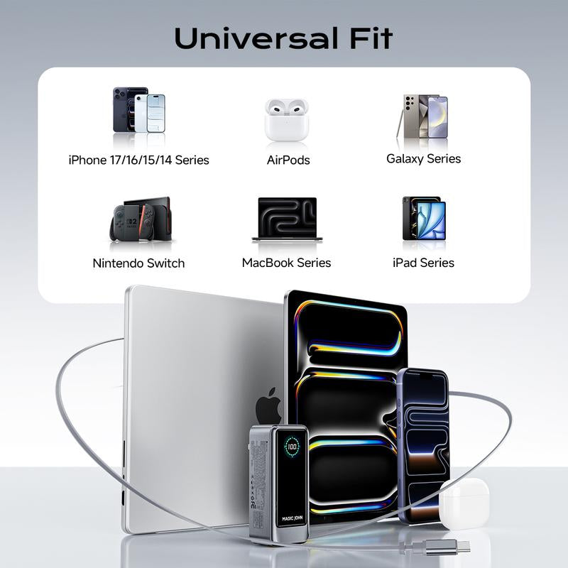 MAGIC JOHN Power Bank for Phones & Laptops, 15,000 Mah High-Capacity Portable Charger, USB-C Output, Built-In 2.3Ft Retractable Cable, Airline-Approved, Compatible with Iphone 17/16 Series, Macbook, Samsung & More