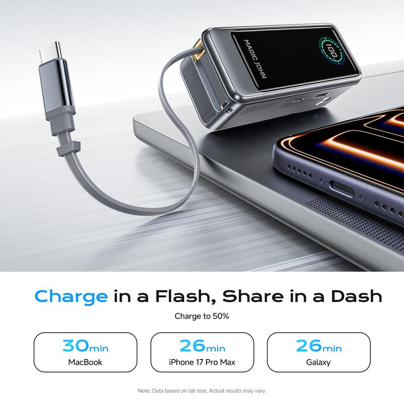 MAGIC JOHN Power Bank for Phones & Laptops, 15,000 Mah High-Capacity Portable Charger, USB-C Output, Built-In 2.3Ft Retractable Cable, Airline-Approved, Compatible with Iphone 17/16 Series, Macbook, Samsung & More